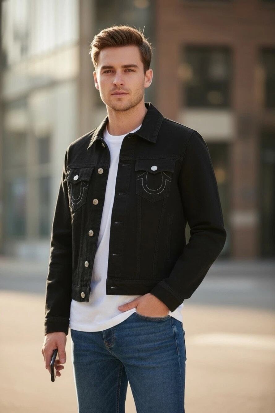True Religion Jimmy SN Denim Trucker Jacket Black Men's Medium 108232